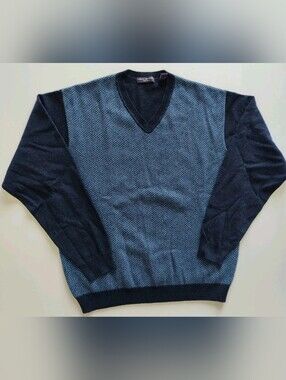 Vintage John Ashford Men's 100% Cashmere Navy Herringbone V Neck Sweater Size L